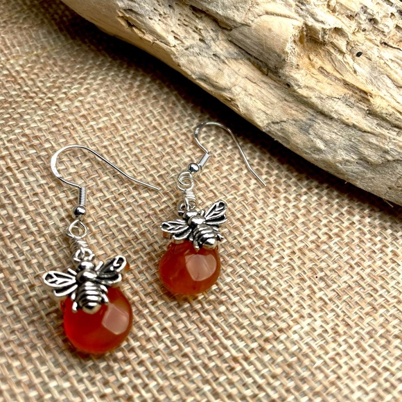 Carnelian Crystal Bee Earrings • Boho Artisan Cottagecore Jewelry - Picture 3 of 17